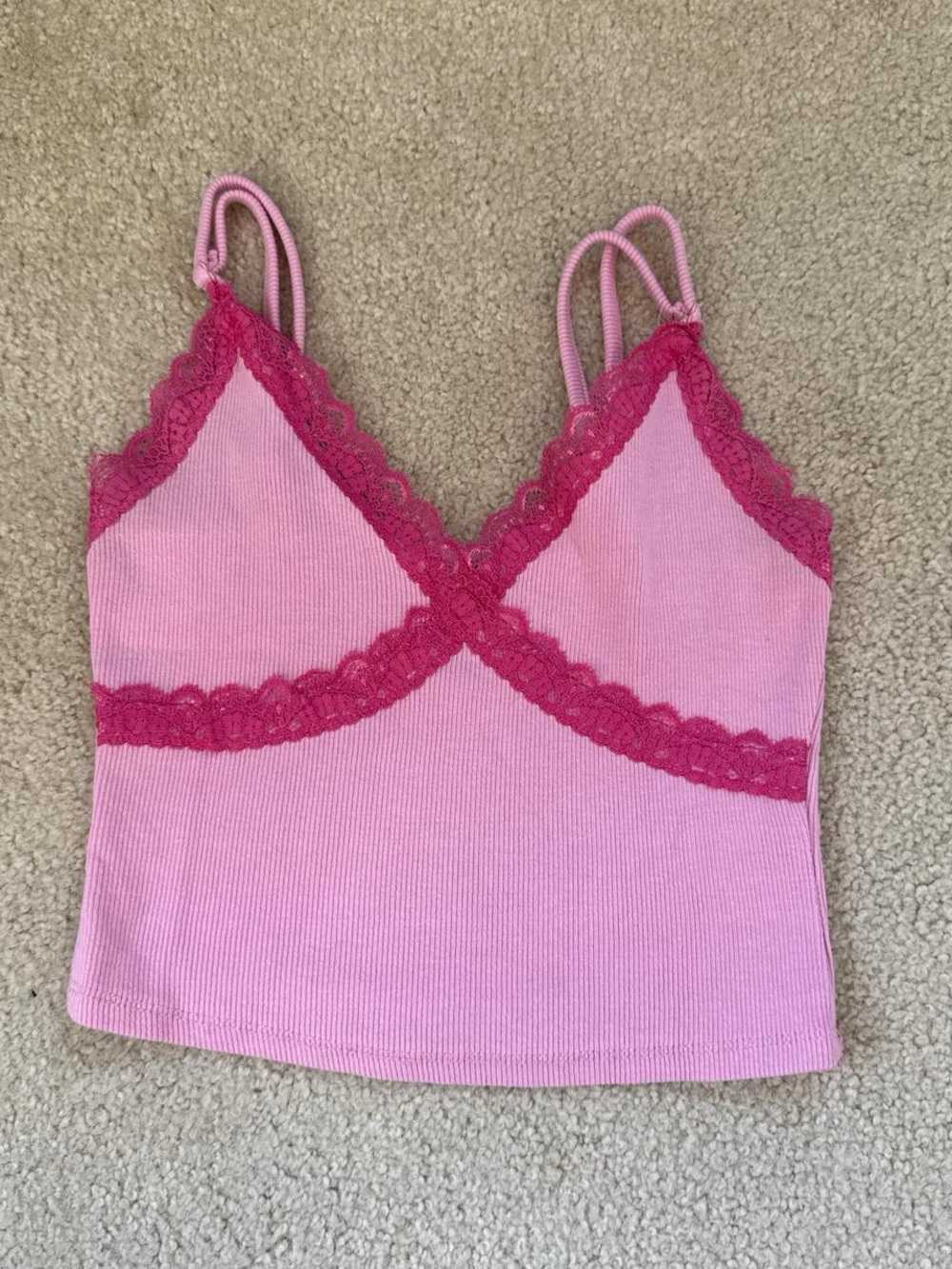 Garage Pink Ribbed Lace Trim Cami Top